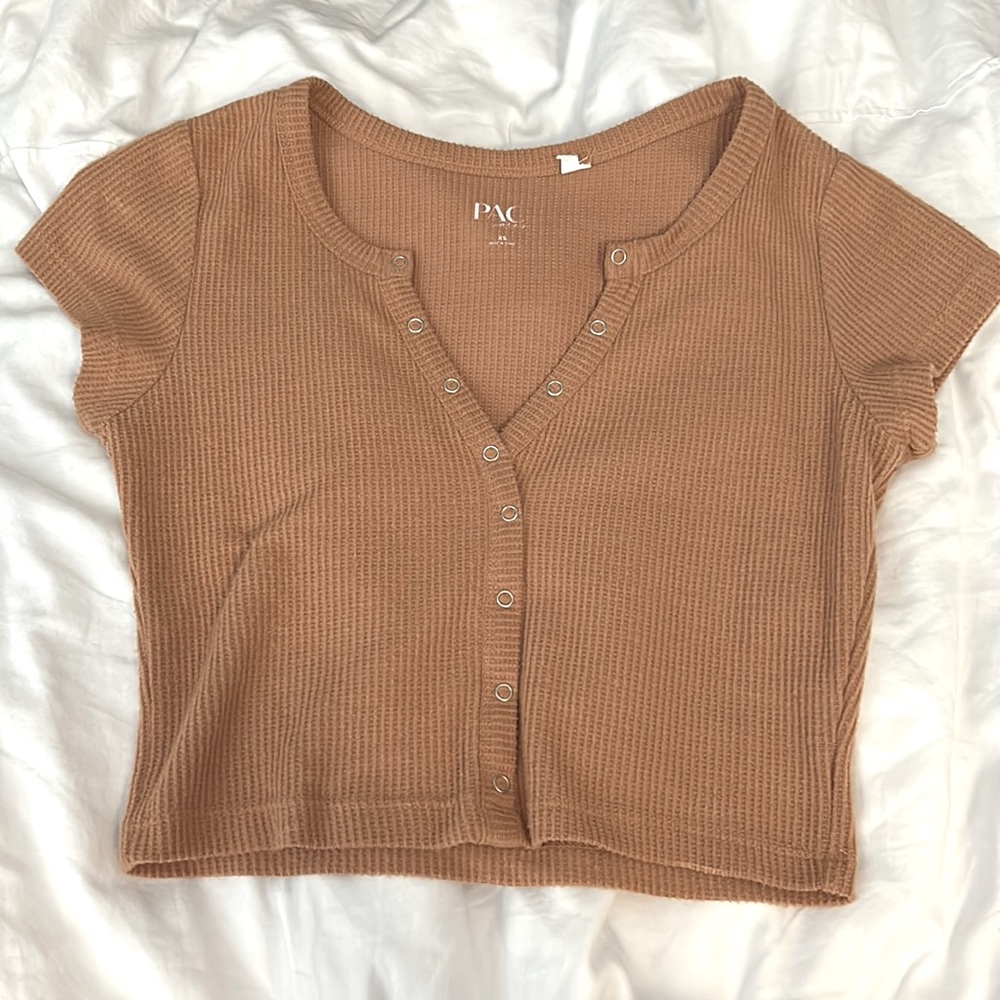 PacSun button top, slight cropped short sleeve, size XS, color tan
